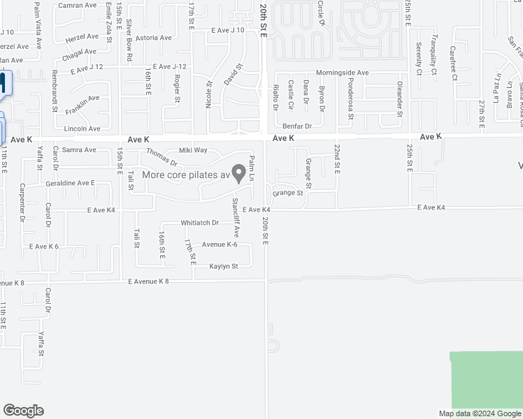 map of restaurants, bars, coffee shops, grocery stores, and more near 1833 East Avenue K 4 in Lancaster