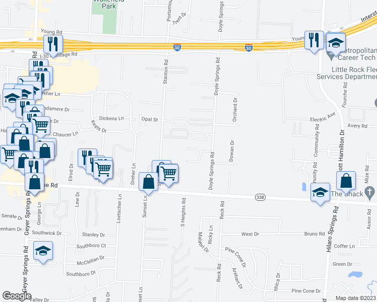 map of restaurants, bars, coffee shops, grocery stores, and more near 4723 Manchester Drive in Little Rock
