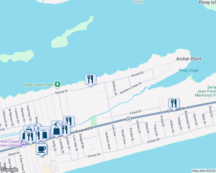 map of restaurants, bars, coffee shops, grocery stores, and more near 406 Lee Avenue in Emerald Isle