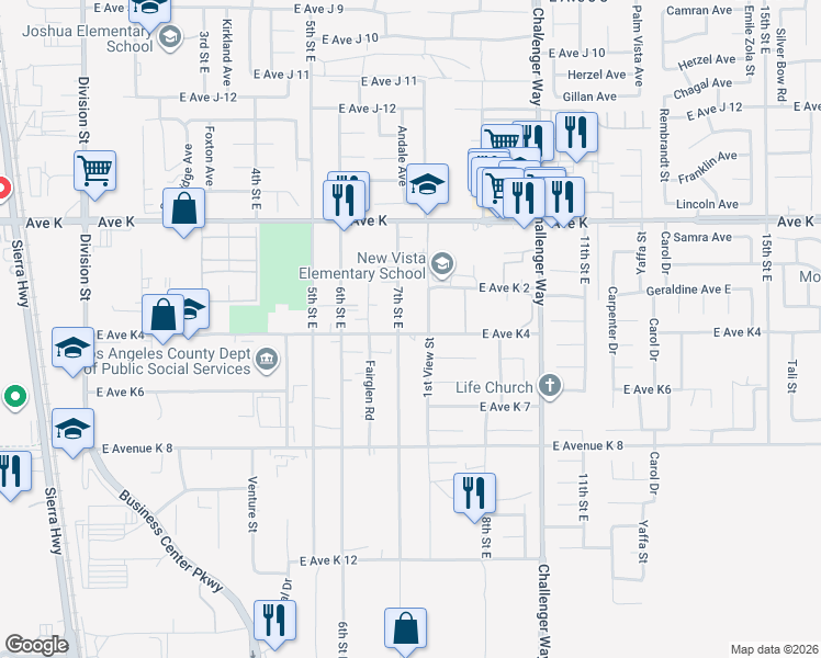 map of restaurants, bars, coffee shops, grocery stores, and more near 714 East Avenue K4 in Lancaster