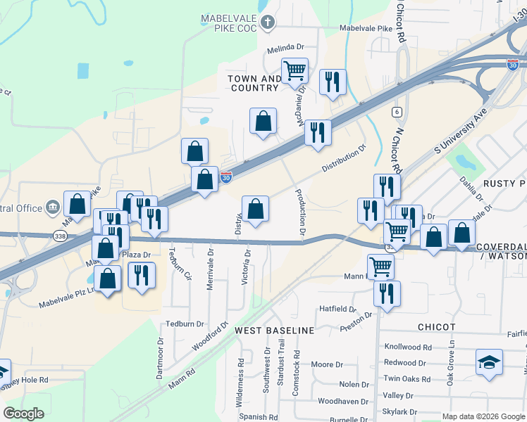 map of restaurants, bars, coffee shops, grocery stores, and more near 8501 Distribution Drive in Little Rock