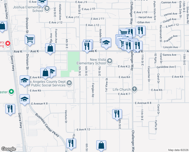 map of restaurants, bars, coffee shops, grocery stores, and more near 637 East Avenue K4 in Lancaster