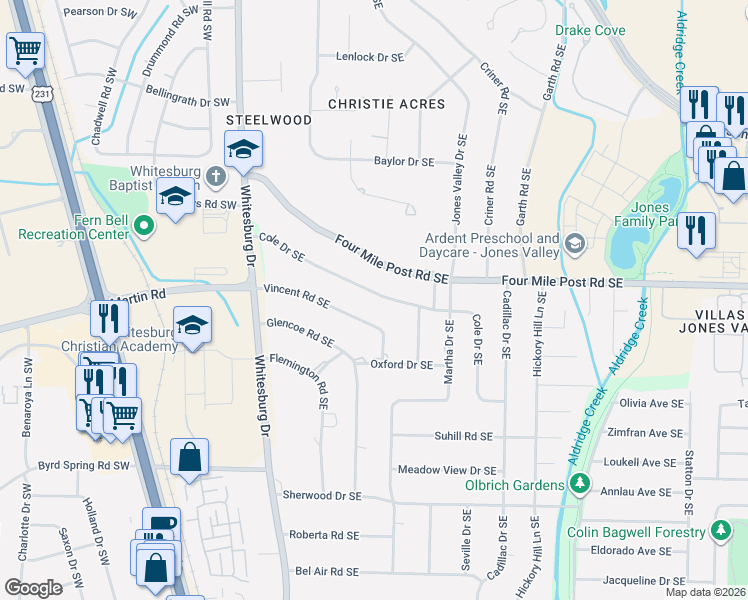 map of restaurants, bars, coffee shops, grocery stores, and more near 501 Vincent Road Southeast in Huntsville