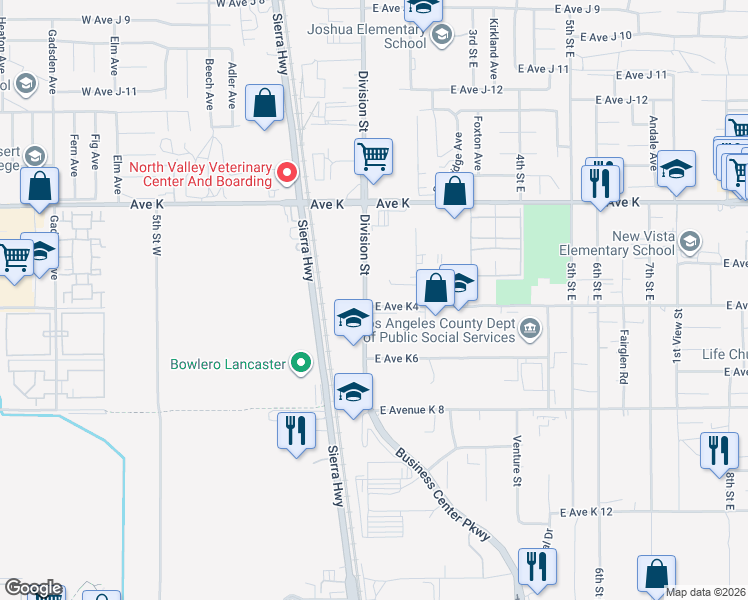 map of restaurants, bars, coffee shops, grocery stores, and more near 26 East Avenue K4 in Lancaster