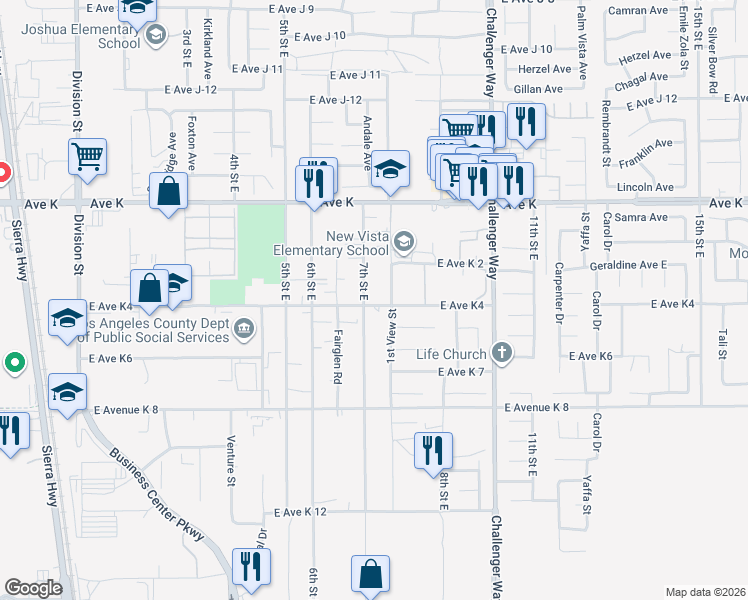 map of restaurants, bars, coffee shops, grocery stores, and more near 711 East Avenue K4 in Lancaster
