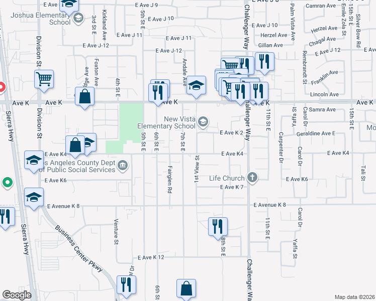 map of restaurants, bars, coffee shops, grocery stores, and more near 711 East Avenue K4 in Lancaster