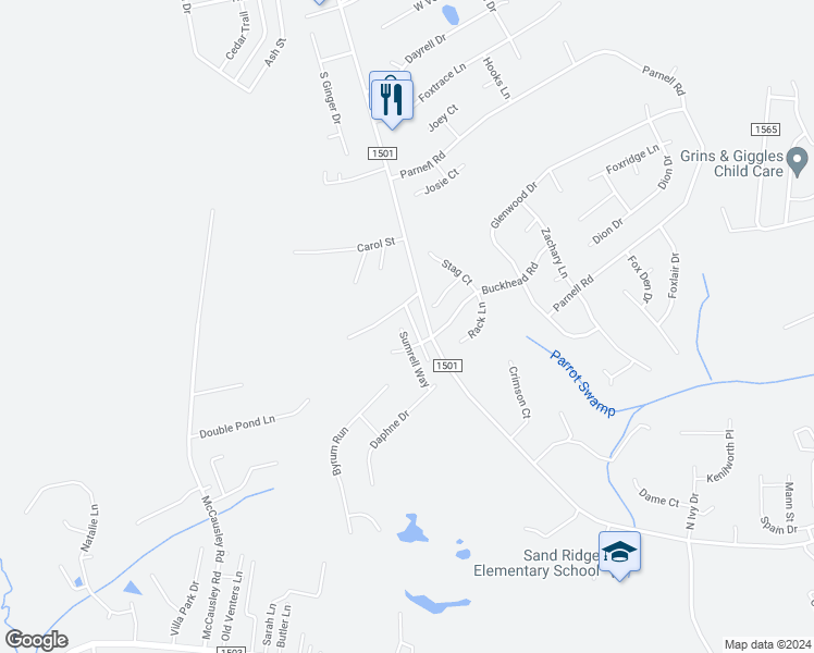 map of restaurants, bars, coffee shops, grocery stores, and more near 504 Sumrell Way in Hubert