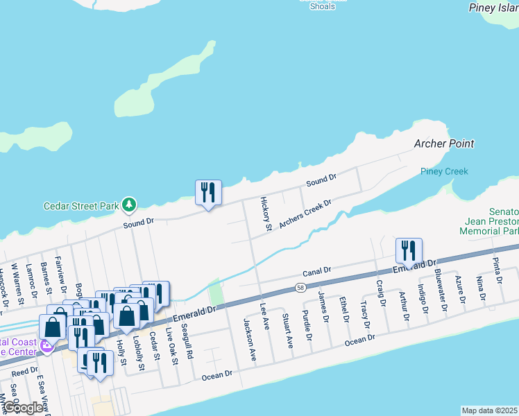 map of restaurants, bars, coffee shops, grocery stores, and more near 411 Hickory Street in Emerald Isle