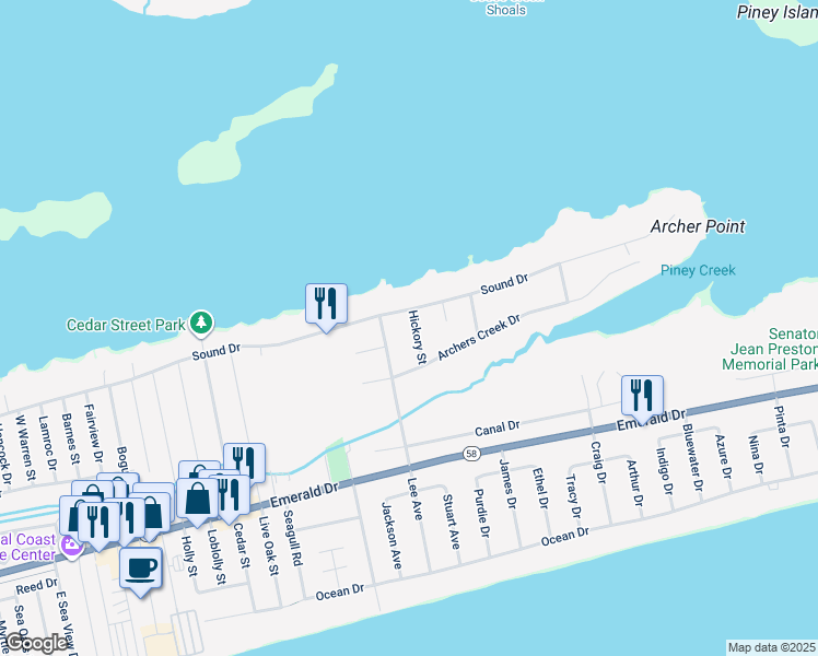 map of restaurants, bars, coffee shops, grocery stores, and more near 411 Hickory Street in Emerald Isle