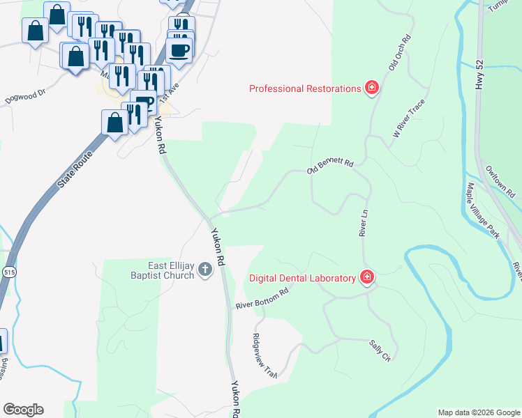 map of restaurants, bars, coffee shops, grocery stores, and more near Oakridge Lane in Ellijay