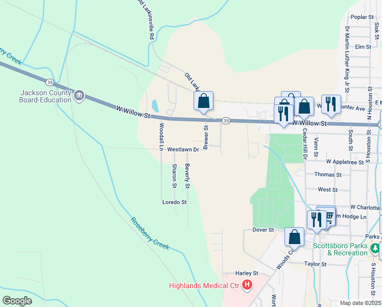 map of restaurants, bars, coffee shops, grocery stores, and more near 305 Beverly Street in Scottsboro