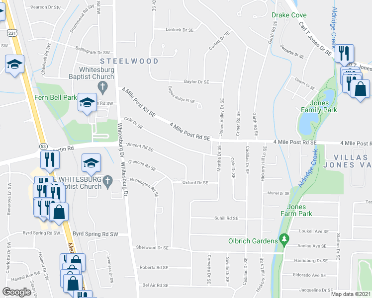 map of restaurants, bars, coffee shops, grocery stores, and more near 601 Cole Drive Southeast in Huntsville