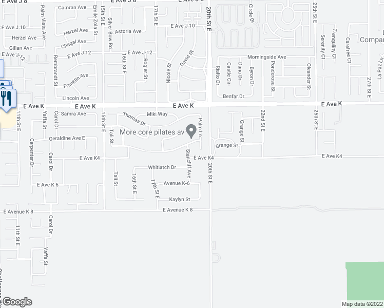 map of restaurants, bars, coffee shops, grocery stores, and more near 43406 Stancliff Avenue in Lancaster