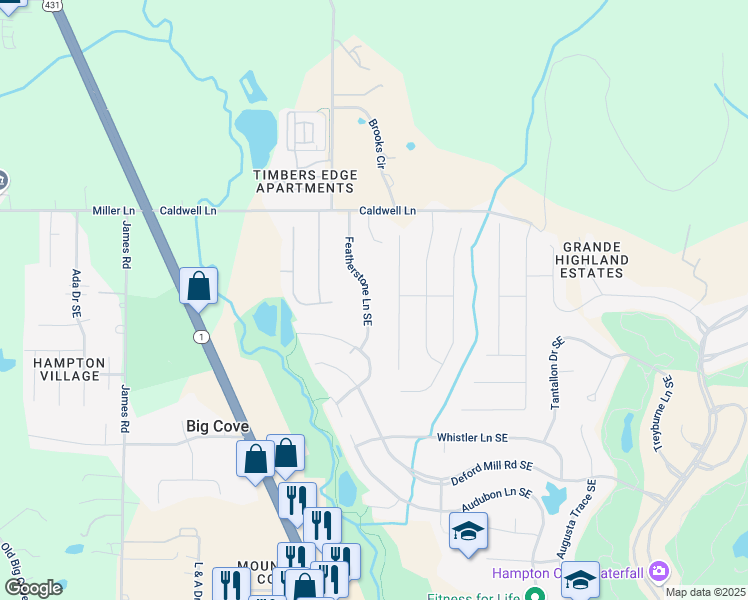 map of restaurants, bars, coffee shops, grocery stores, and more near 121 Featherstone Lane Southeast in Owens Cross Roads