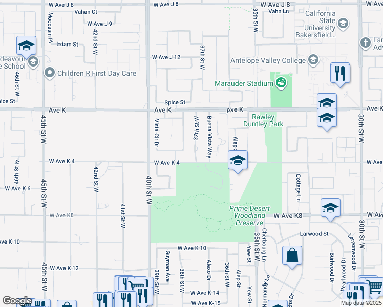 map of restaurants, bars, coffee shops, grocery stores, and more near 43419 37th Street West in Lancaster
