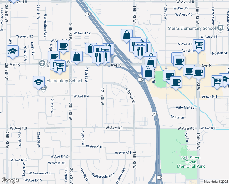 map of restaurants, bars, coffee shops, grocery stores, and more near 43440 16th Street West in Lancaster