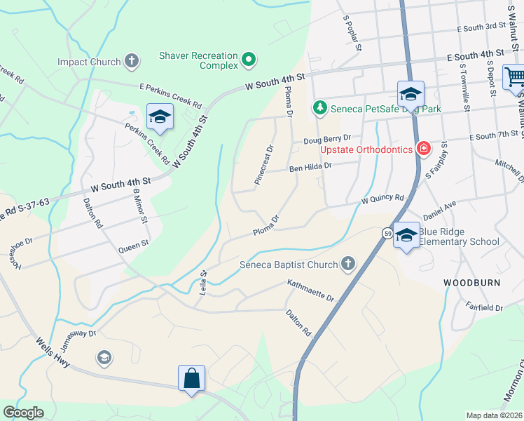 map of restaurants, bars, coffee shops, grocery stores, and more near 615 Pinecrest Drive in Seneca