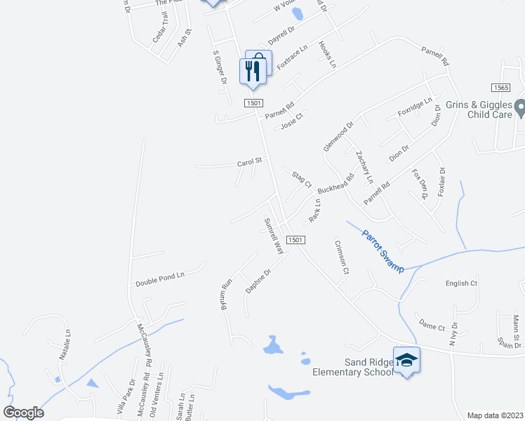 map of restaurants, bars, coffee shops, grocery stores, and more near 508 Sumrell Way in Hubert