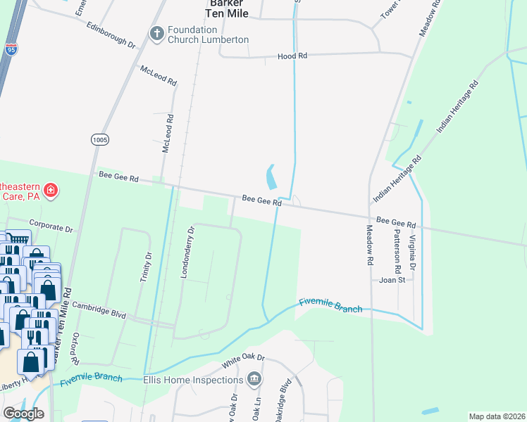 map of restaurants, bars, coffee shops, grocery stores, and more near 608 Bee Gee Road in Lumberton