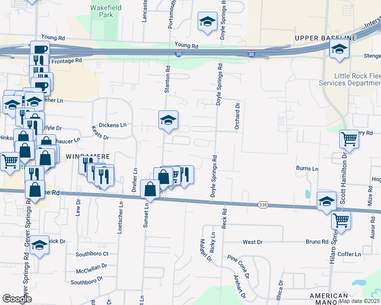 map of restaurants, bars, coffee shops, grocery stores, and more near 4726 Manchester Drive in Little Rock