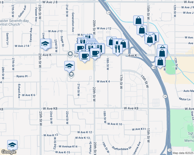 map of restaurants, bars, coffee shops, grocery stores, and more near 43416 20th Street West in Lancaster