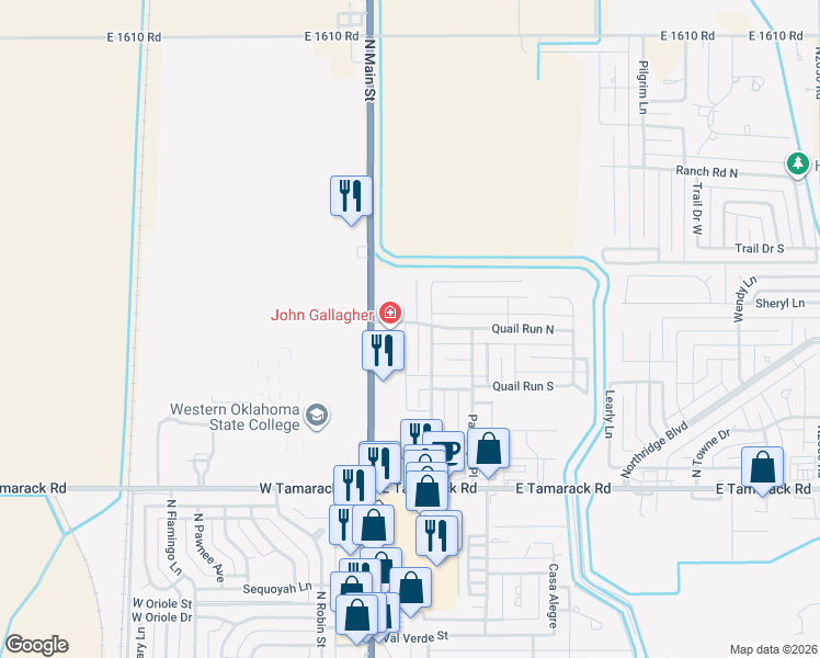 map of restaurants, bars, coffee shops, grocery stores, and more near 3229 Continental Drive in Altus