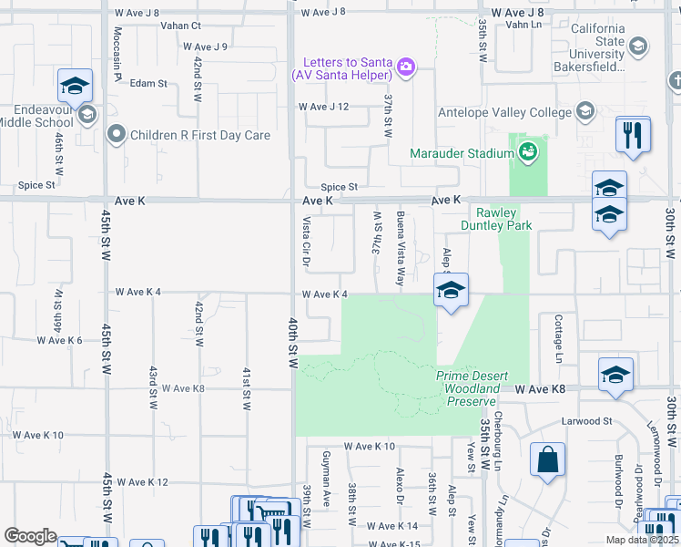 map of restaurants, bars, coffee shops, grocery stores, and more near 43446 Sierra Vista Drive in Lancaster