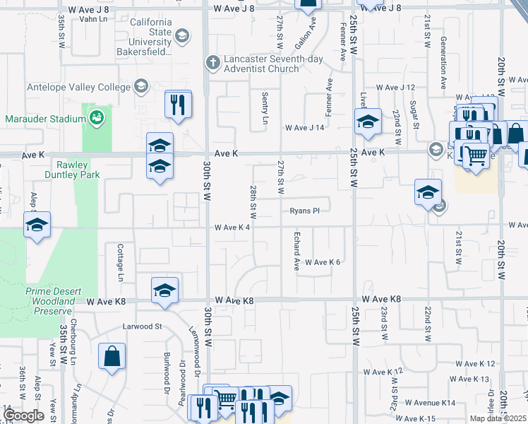 map of restaurants, bars, coffee shops, grocery stores, and more near 2729 Parton Circle in Lancaster