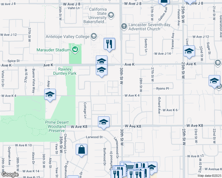 map of restaurants, bars, coffee shops, grocery stores, and more near 43437 30th Street West in Lancaster