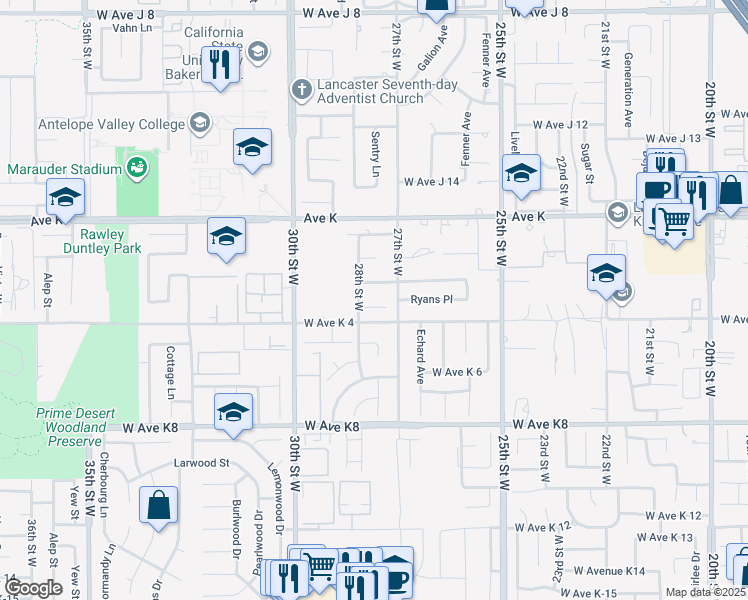 map of restaurants, bars, coffee shops, grocery stores, and more near 2729 Parton Circle in Lancaster
