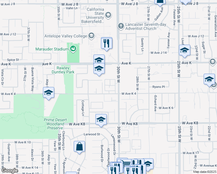 map of restaurants, bars, coffee shops, grocery stores, and more near 43457 30th Street West in Lancaster