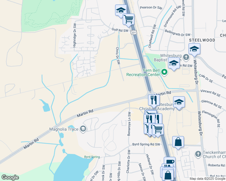 map of restaurants, bars, coffee shops, grocery stores, and more near 110 Springtime Boulevard Southwest in Huntsville