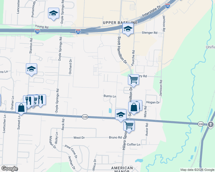 map of restaurants, bars, coffee shops, grocery stores, and more near 3830 Spencer Lane in Little Rock