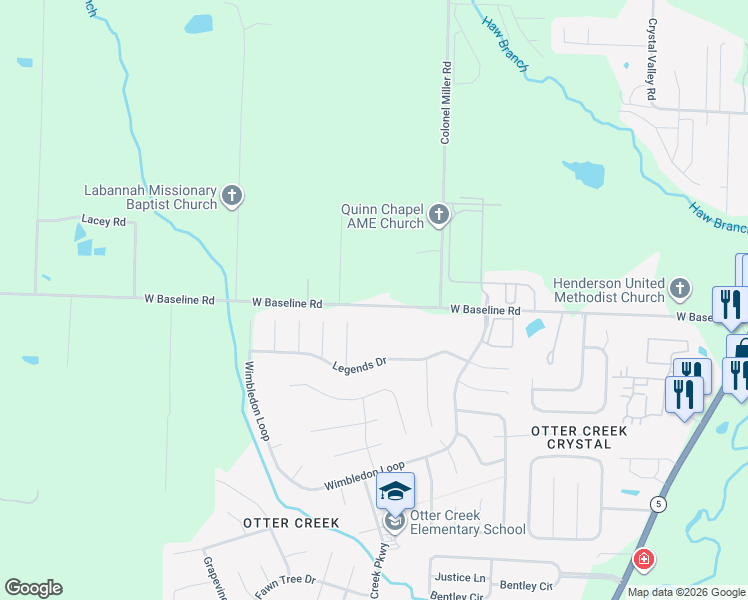 map of restaurants, bars, coffee shops, grocery stores, and more near 14416 West Baseline Road in Little Rock
