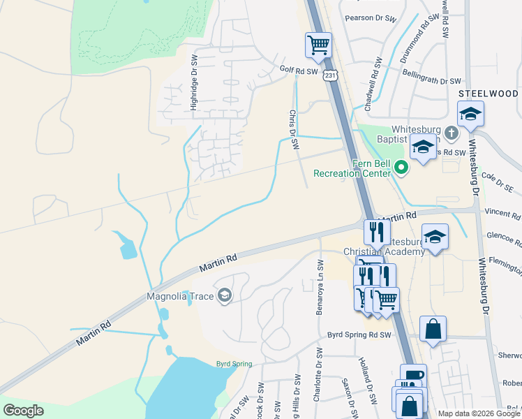 map of restaurants, bars, coffee shops, grocery stores, and more near 407 Springtime Boulevard Southwest in Huntsville