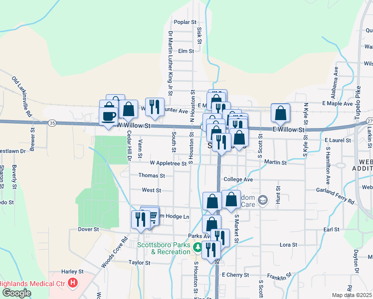map of restaurants, bars, coffee shops, grocery stores, and more near 208 South Houston Street in Scottsboro
