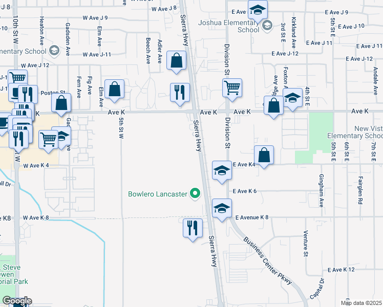 map of restaurants, bars, coffee shops, grocery stores, and more near 43357 Sierra Highway in Lancaster
