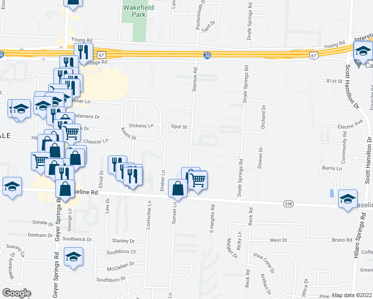 map of restaurants, bars, coffee shops, grocery stores, and more near 8514 Stanton Road in Little Rock