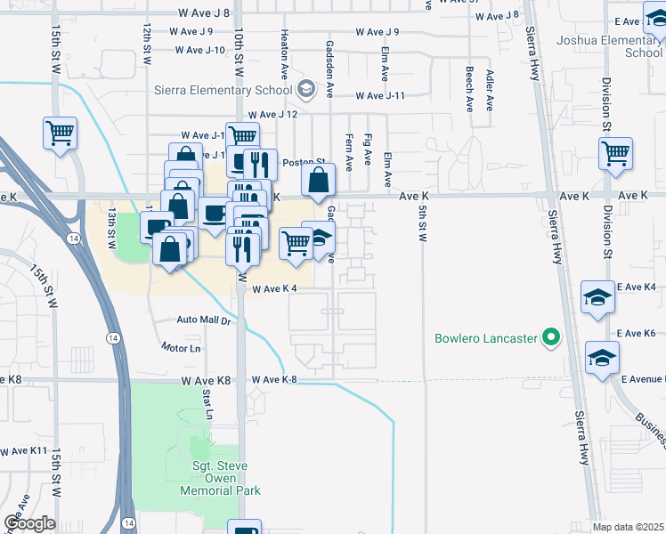 map of restaurants, bars, coffee shops, grocery stores, and more near 43458 Gadsden Avenue in Lancaster