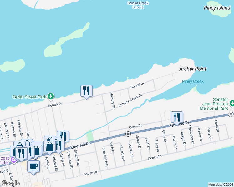 map of restaurants, bars, coffee shops, grocery stores, and more near 7306-7312 Sound Dr in Emerald Isle