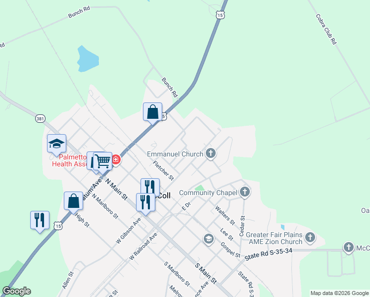 map of restaurants, bars, coffee shops, grocery stores, and more near 116 Bungalow Street in McColl