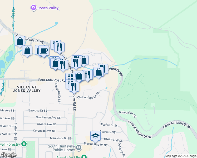 map of restaurants, bars, coffee shops, grocery stores, and more near 2124 Cecil Ashburn Drive Southeast in Huntsville