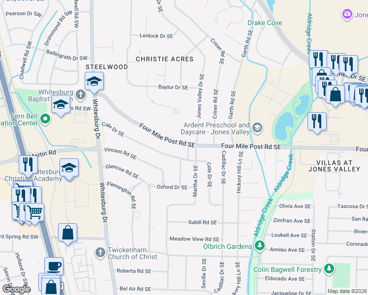 map of restaurants, bars, coffee shops, grocery stores, and more near 707 4 Mile Post Road Southeast in Huntsville