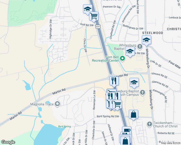 map of restaurants, bars, coffee shops, grocery stores, and more near 407 Springtime Boulevard Southwest in Huntsville