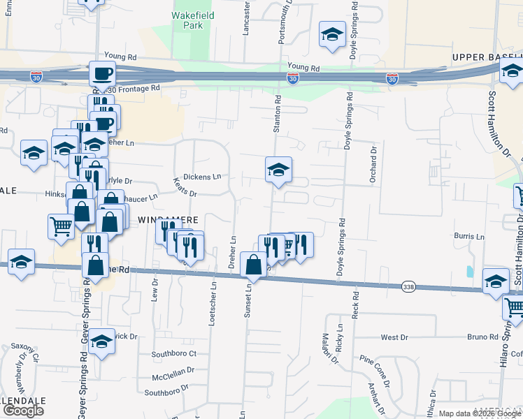 map of restaurants, bars, coffee shops, grocery stores, and more near 8514 Stanton Road in Little Rock