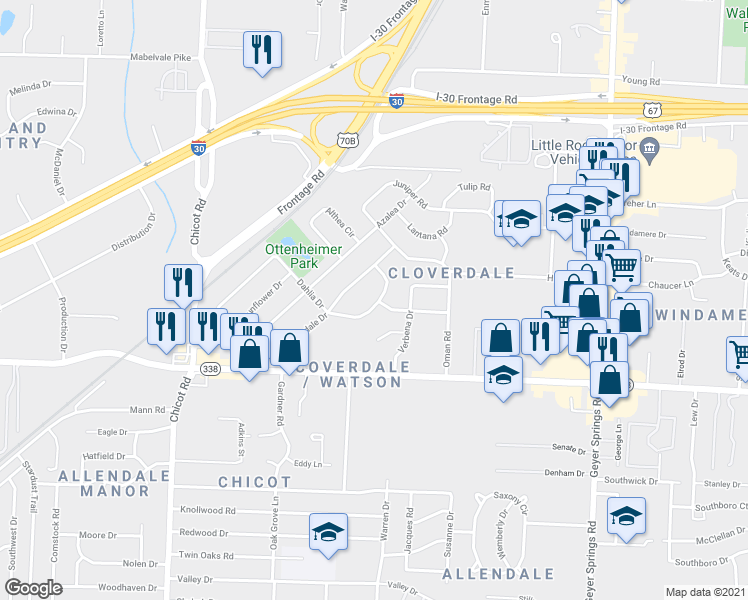 map of restaurants, bars, coffee shops, grocery stores, and more near 6804 Dahlia Drive in Little Rock