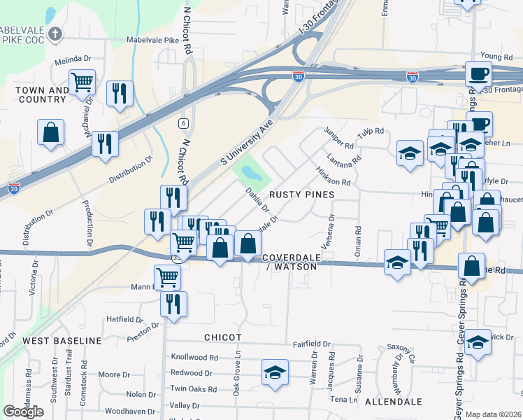 map of restaurants, bars, coffee shops, grocery stores, and more near 7012 Dahlia Drive in Little Rock