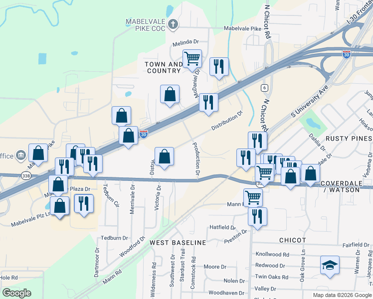 map of restaurants, bars, coffee shops, grocery stores, and more near 8501 Distribution Drive in Little Rock