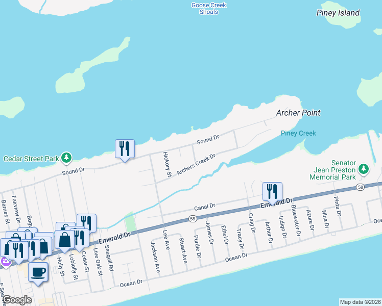 map of restaurants, bars, coffee shops, grocery stores, and more near 405 Ridge Road in Emerald Isle