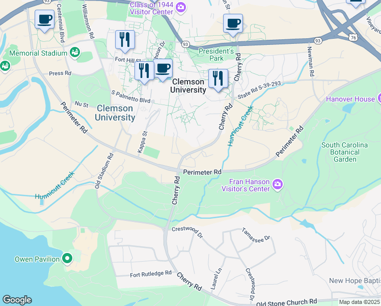 map of restaurants, bars, coffee shops, grocery stores, and more near Cherry Road in Clemson
